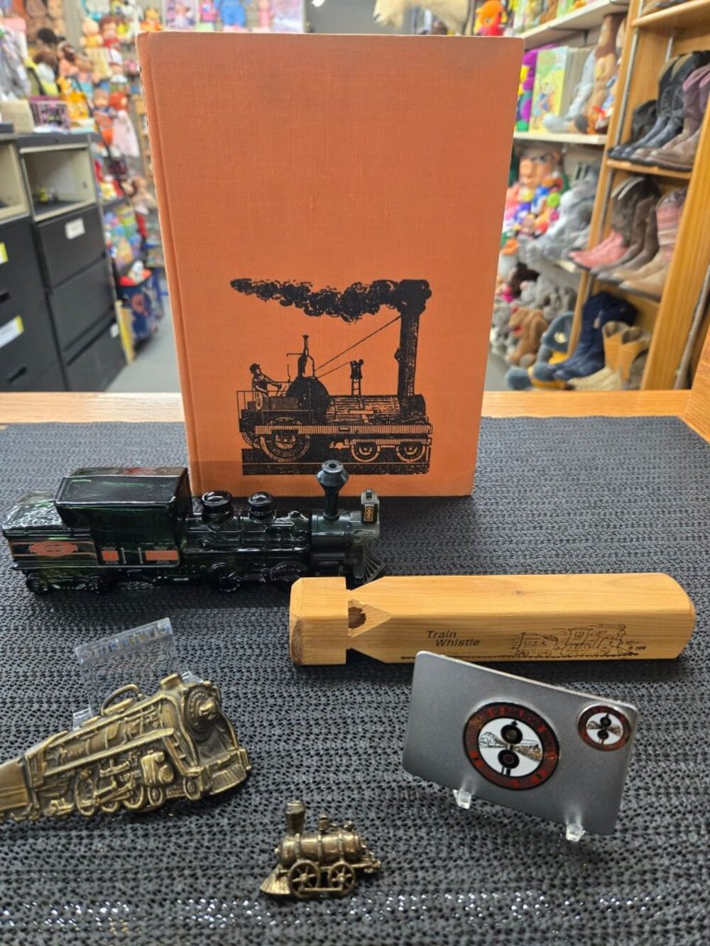 vintage Train railway lot belt buckles Avon Book Pin Wood whistle Steam Engine